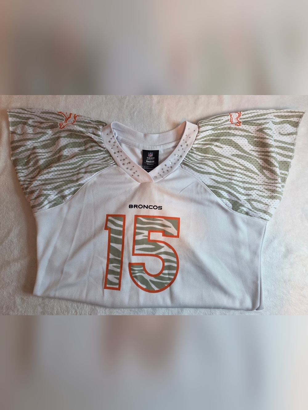 Denver Broncos Tim Tebow #15 Women’s Reebok NFL Jersey White Zebra Print Large